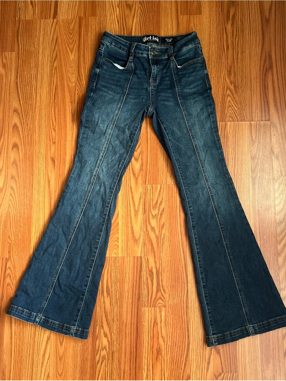 Girlish Dark Wash Flare Jeans with Center Seams